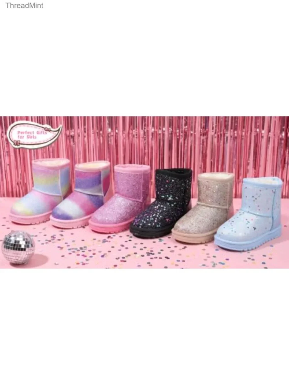 Girls Sequin Princess Snow Boots Faux Fur Lining Slip-On Winter Boots
